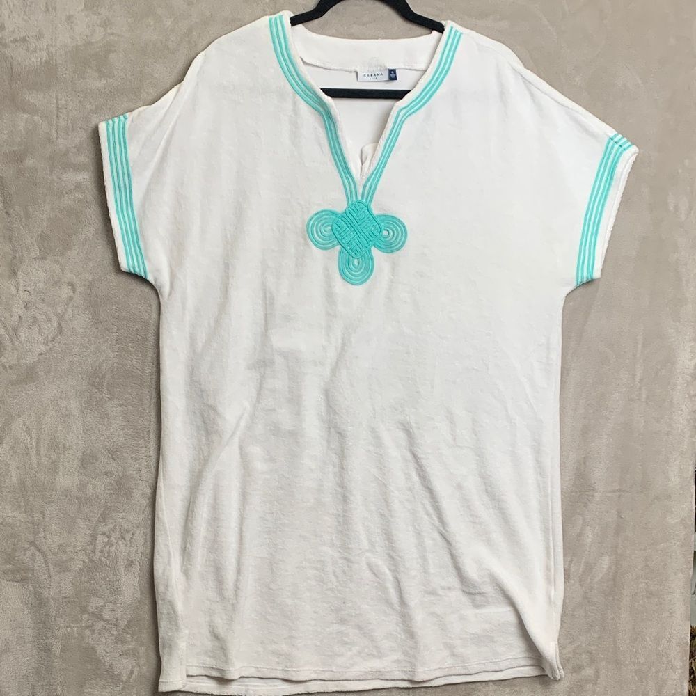 CABANA LIFE | XL Women TERRY SWIM COVER UP DRESS | WHITE TEAL 707-WH22 RN 118246